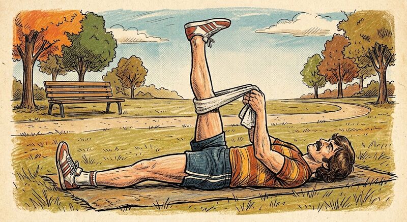 Illustration of a person lying on their back using a towel to raise one straight leg.