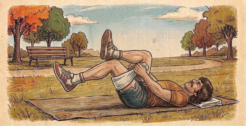 Illustration of a person lying on their back with one ankle crossed over the opposite knee, pulling the leg toward the chest with a towel.