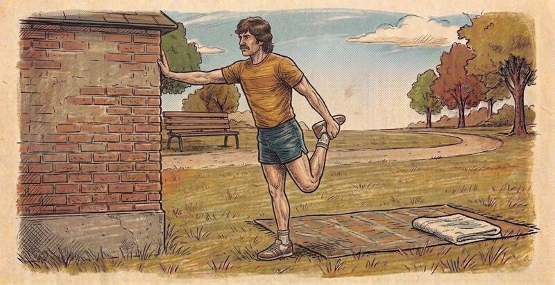 Illustration of a person with one hand on a brick wall pulling the opposite heel up toward the buttock.