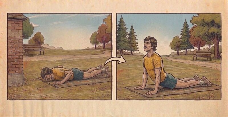 Two-panel illustration of a person lying face down, then pressing up onto the forearms.