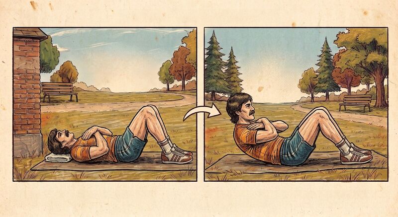 Two-panel illustration of a person lying with knees bent and arms crossed, then lifting the shoulder blades off the floor.
