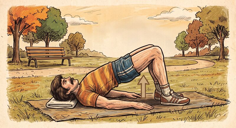 Illustration of a person lying on their back with knees bent, lifting the hips into a bridge.