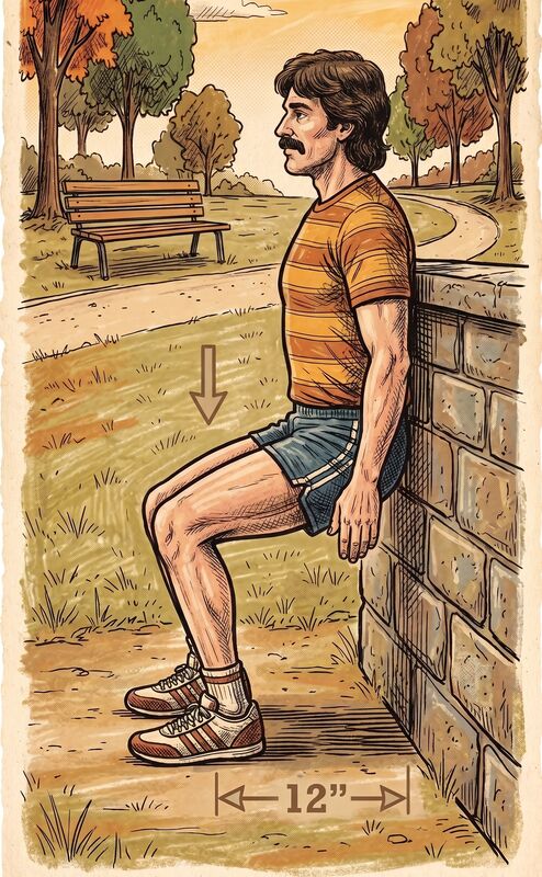 Illustration of a person with their back against a wall sliding down into a partial squat, feet about 12 inches from the wall.