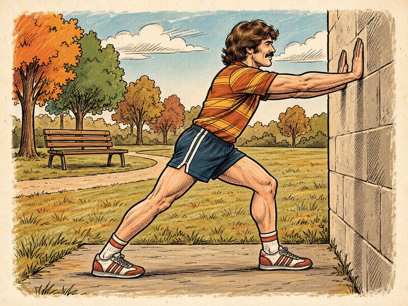 Illustration of a person leaning into a wall with the back leg straight to stretch the calf.