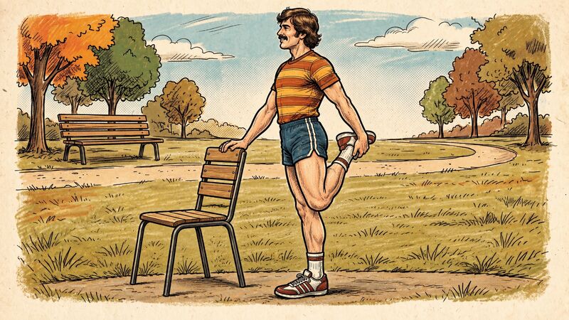 Illustration of a person holding a chair for balance and pulling one heel up toward the buttock.