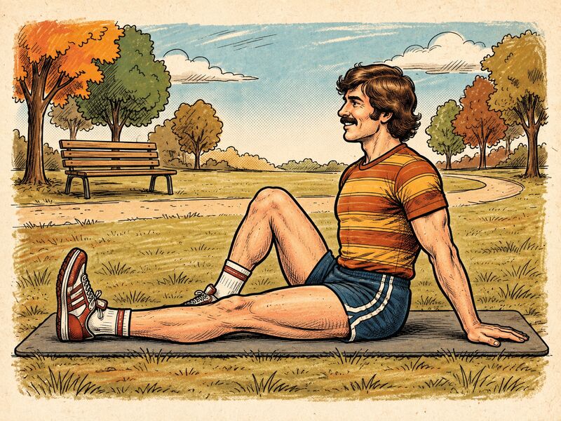 Illustration of a person seated on a mat with one leg straight and the other knee bent, pressing the straight knee down.