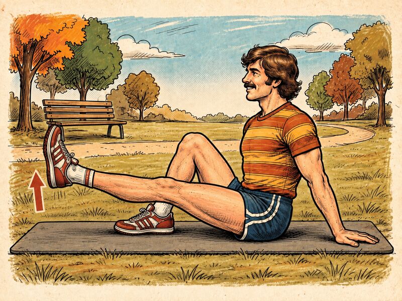 Illustration of a person seated on a mat lifting one straight leg a few inches off the floor.