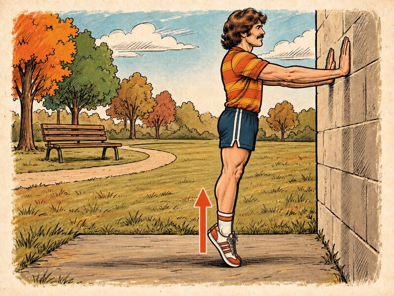 Illustration of a person with hands on a wall rising up onto the balls of the feet.