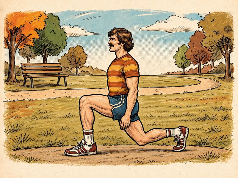 Illustration of a person in a forward lunge with both knees bent and back straight.