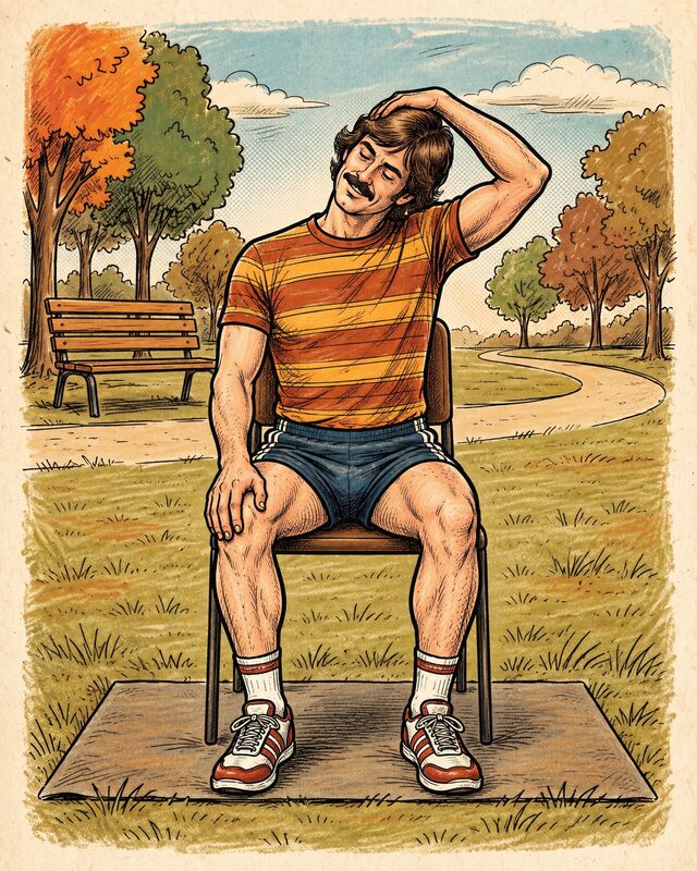 Illustration of a seated person tilting the head to one side and gently assisting with the opposite hand.