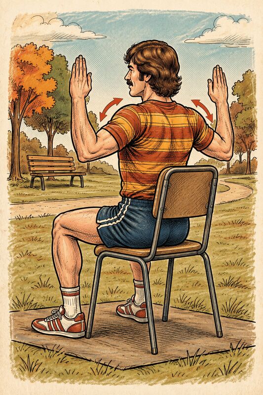 Illustration of a seated person with elbows bent and raised, squeezing the shoulder blades together.