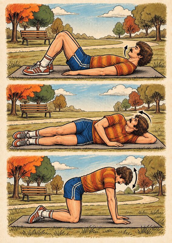 Three-panel illustration of head lifts performed lying on the back, lying on the side, and on hands and knees.