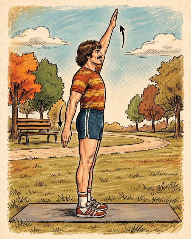 Illustration of a standing person raising one straight arm overhead in a slow arc.