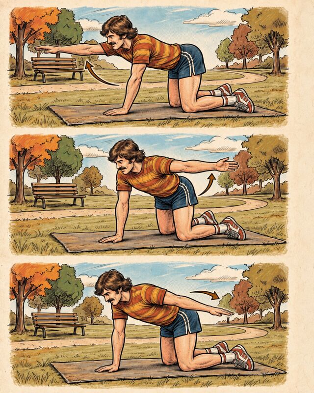 Three-panel illustration of a person on hands and knees reaching one arm forward, to the side, and behind.