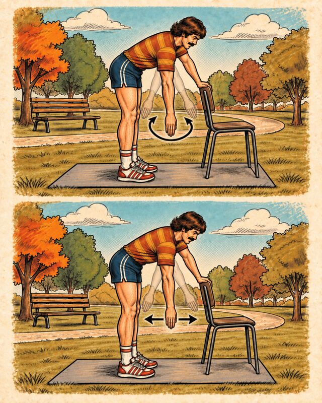 Illustration of a person leaning on a chair and letting the free arm swing in circles and back and forth.