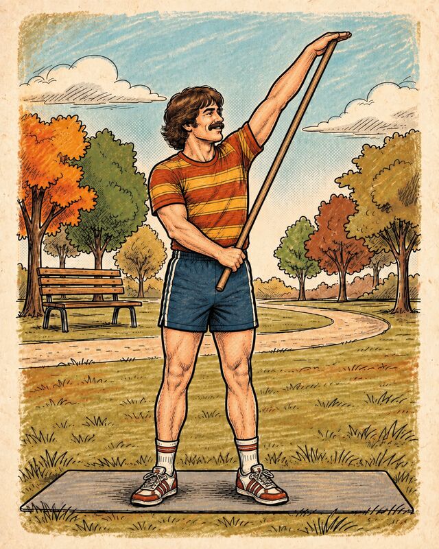 Illustration of a person using a cane to push one arm up and out to the side.