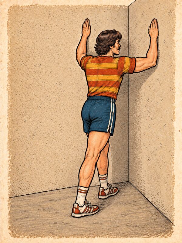 Illustration of a person facing into a corner with a forearm on each wall, leaning in to stretch the chest.