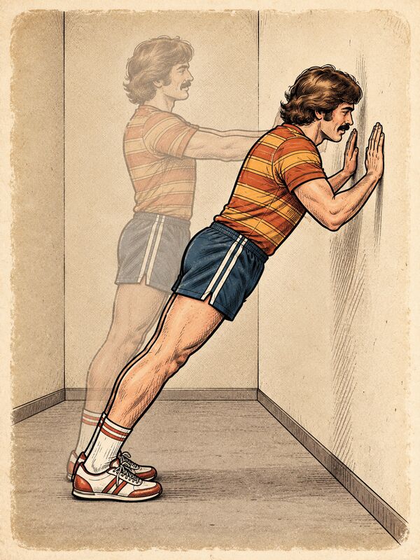 Illustration of a person doing a standing push-up against a wall.