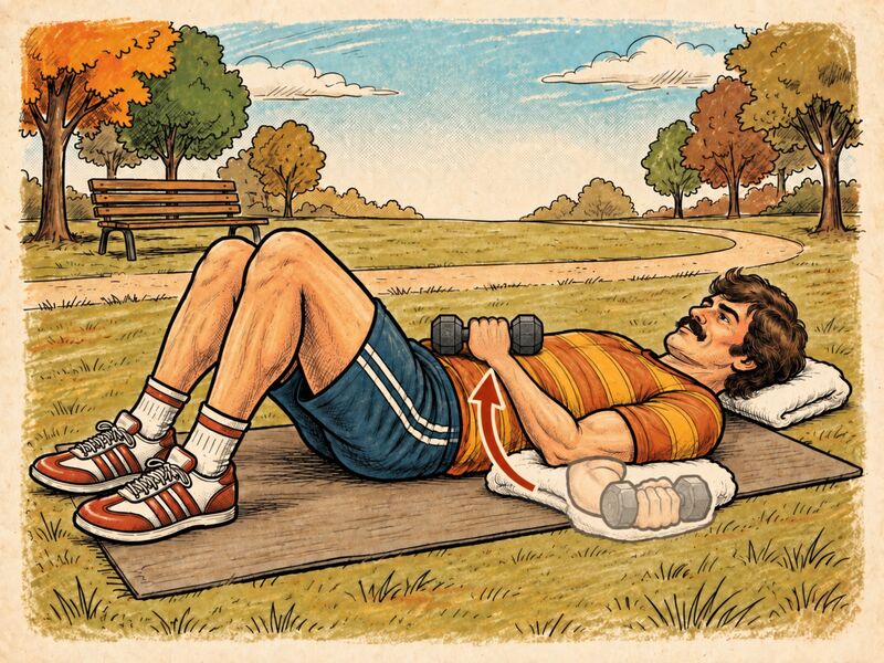Illustration of a person lying on their back with the elbow bent, rotating a light weight toward the stomach.