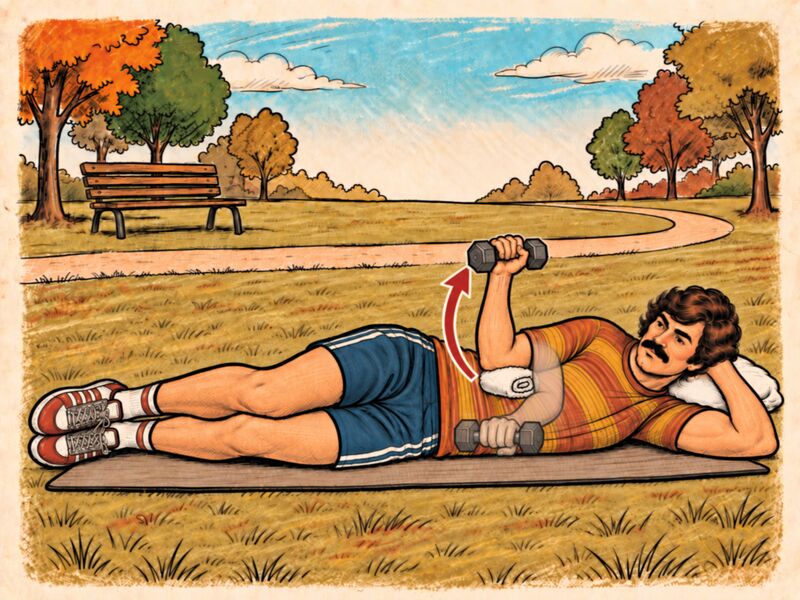 Illustration of a person lying on their side lifting a light weight with the top arm, elbow kept at the waist.