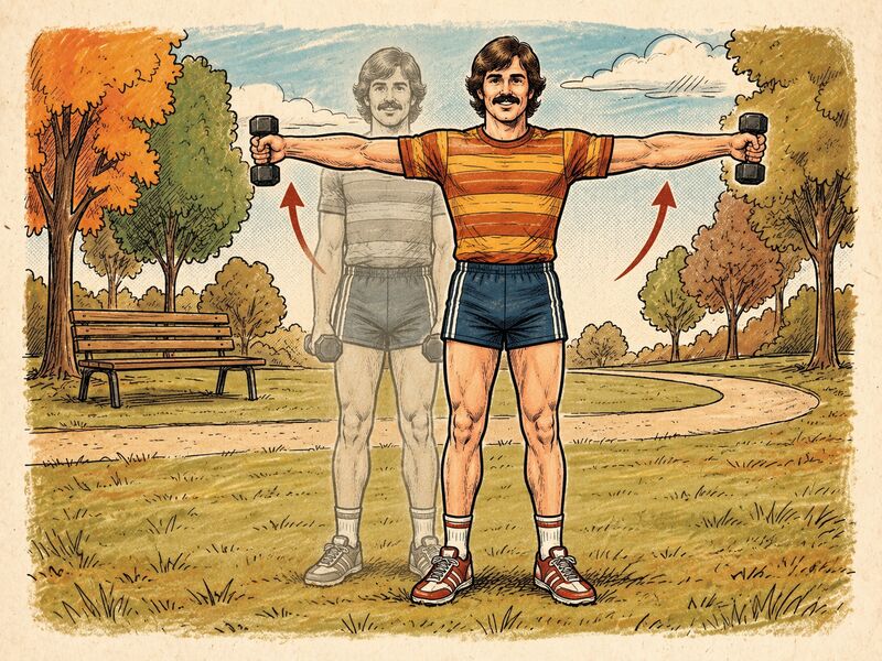 Illustration of a person raising light weights out to the sides to shoulder height.